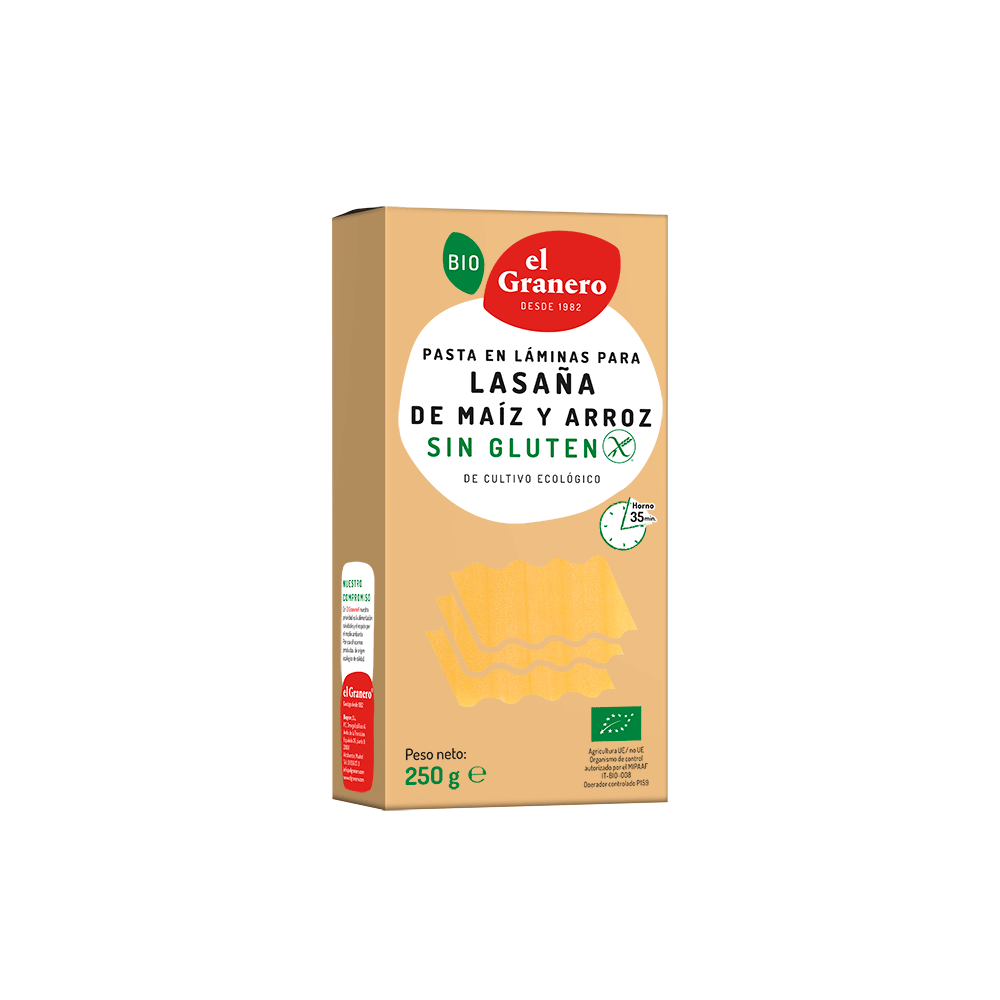 PASTA LAMINA PARA LASAÑA DE MAIZ Y ARROZ ECO S/G 250gr EL Granero