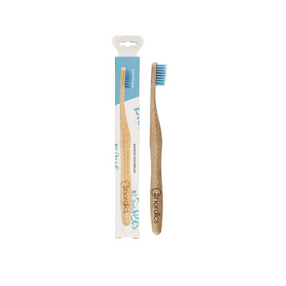 cepillo dental ecológico azul y empaque