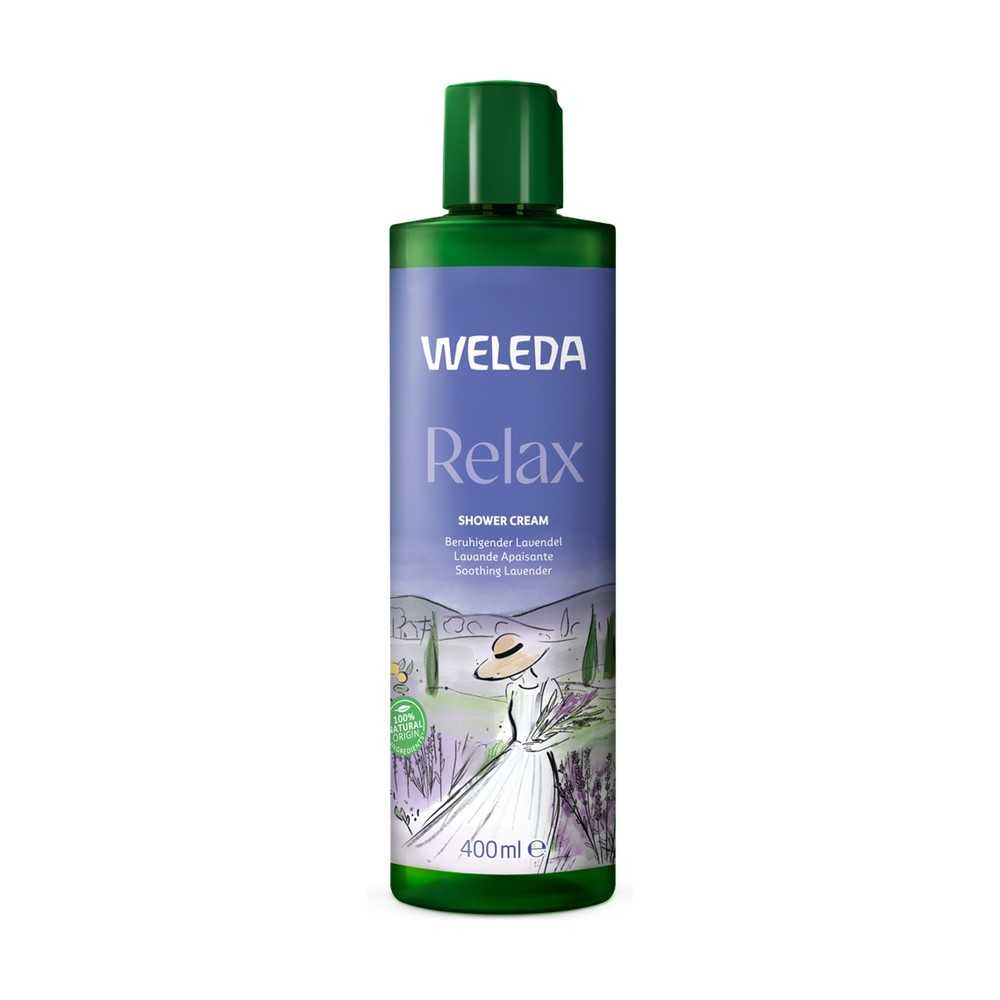 Gel de ducha Weleda lavanda sobre fondo blanco