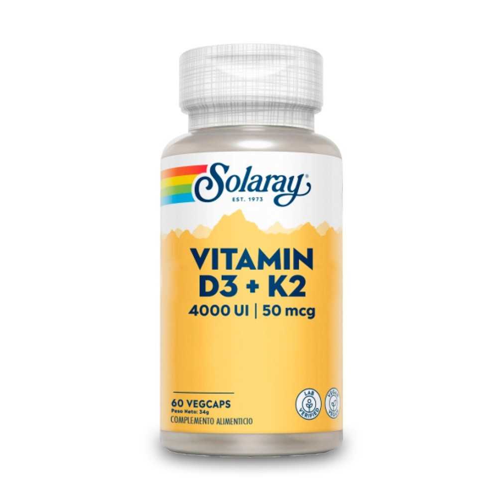 Frasco de Vitamina D3 + K2 Solaray 60 cápsulas