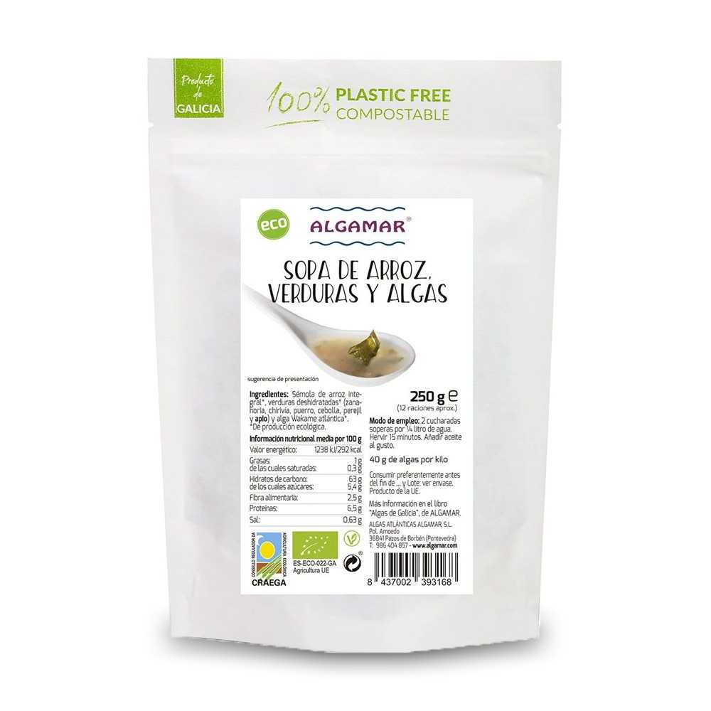Sopa de arroz integral con verduras y alga wakame Algamar eco