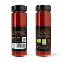 parte de atrás del Frasco de salsa Carolina Reaper ecológica 150g con información nutricional y certificado ecolígico