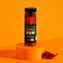 presentación en estudio de Frasco de salsa Carolina Reaper ecológica 150g