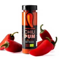 presentación junto a pimientos ecológicos del Frasco de salsa Sriracha ecológica Chilipum 150g