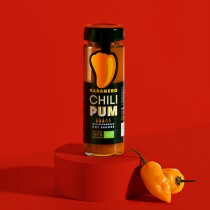 presentación en color con pimiento habanero picante para el bote de salsa marca Chilipum