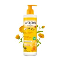 bote con flores Champú y gel de ducha caléndula eco Weleda para bebés