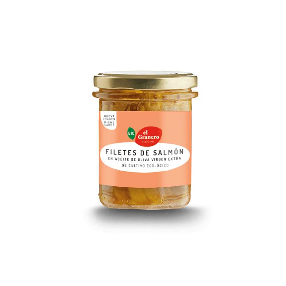 Frasco de vidrio con filetes de salmón ecológico de El Granero Integral Bio